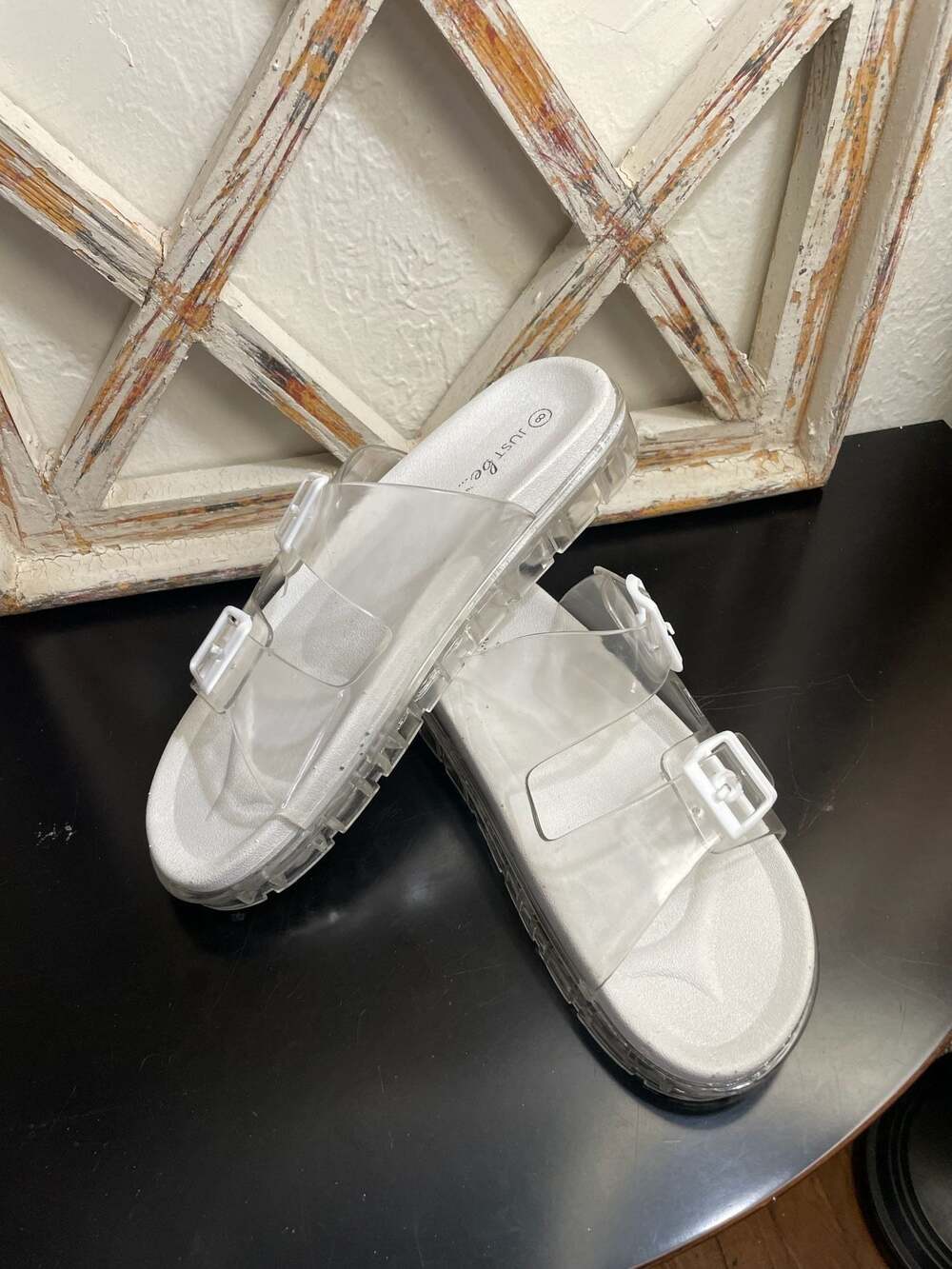 Just Be... Clear Double Strap Buckle Slide Sandals Size 8